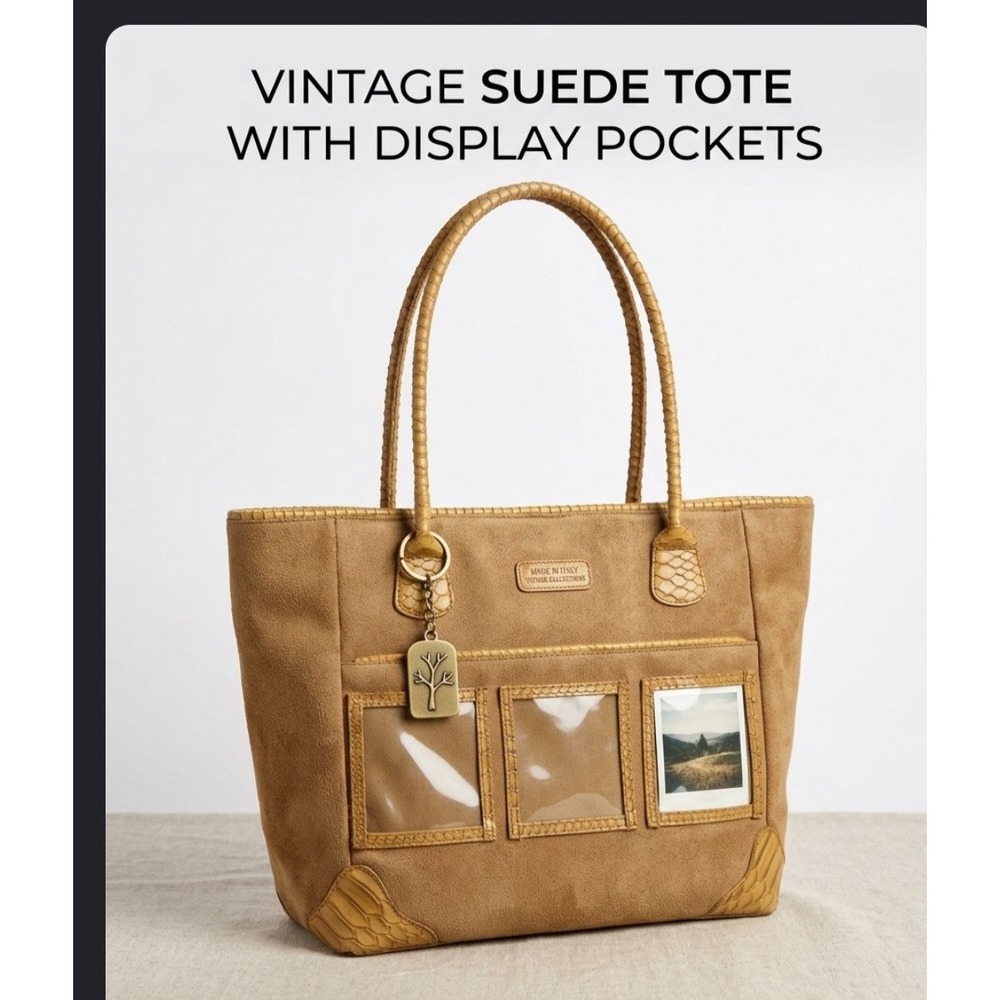 Made in Italy Vintage Collection Tan Suede Tote Bag with Photo Display Pockets